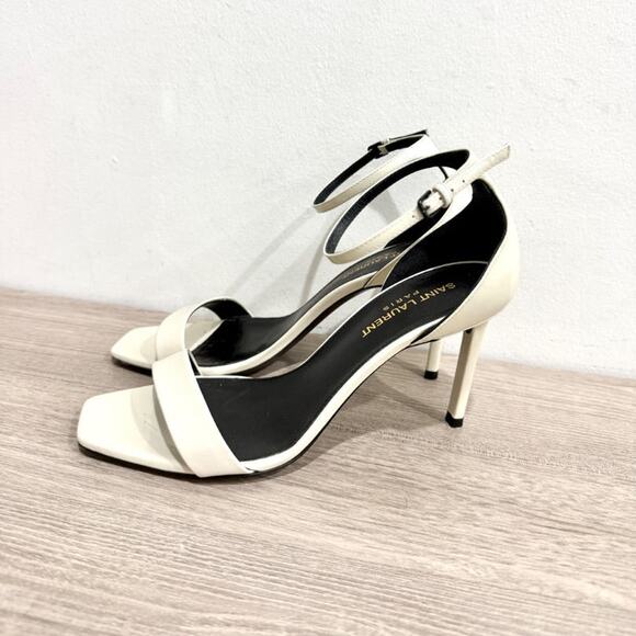 Saint Laurent Amber Patent Ankle-Wrap Stilettos Heel Sandals Cream Women EU 37.5 - Picture 2 of 7